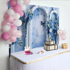 Lofaris Fine Art Blue Floral Dream Backdrop White Ornate Arch and Butterfly Photography Background