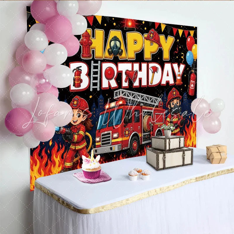 Lofaris Firefighter Cartoon Happy Birthday Backdrop with Red Fire Truck Cute Fireman Party Background for Kids Photo Booth Props