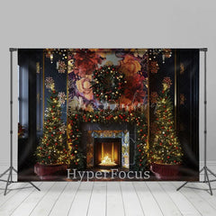 Lofaris Fireplace Navy Wall Floral Mural Christmas Backdrop