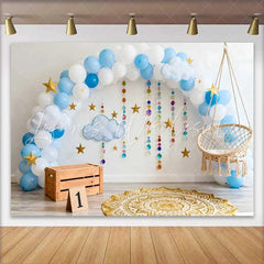 Lofaris First Birthday Cake Smash Backdrop Blue Balloon Arch with Hanging Beads and Stars for Baby Boy