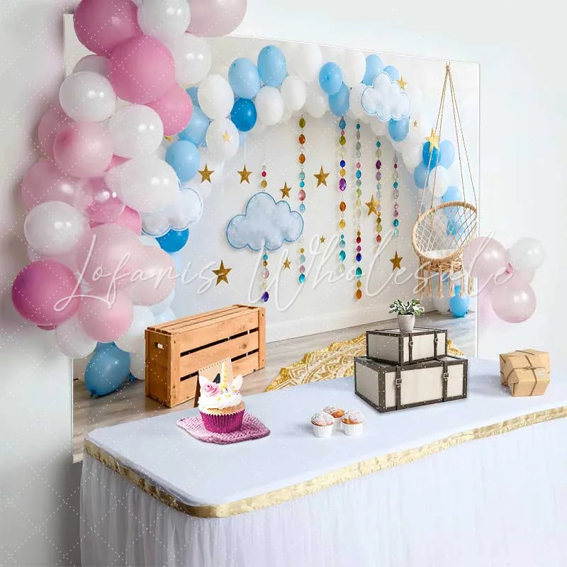 Lofaris First Birthday Cake Smash Backdrop Blue Balloon Arch with Hanging Beads and Stars for Baby Boy