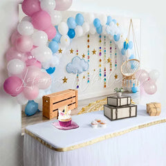 Lofaris First Birthday Cake Smash Backdrop Blue Balloon Arch with Hanging Beads and Stars for Baby Boy