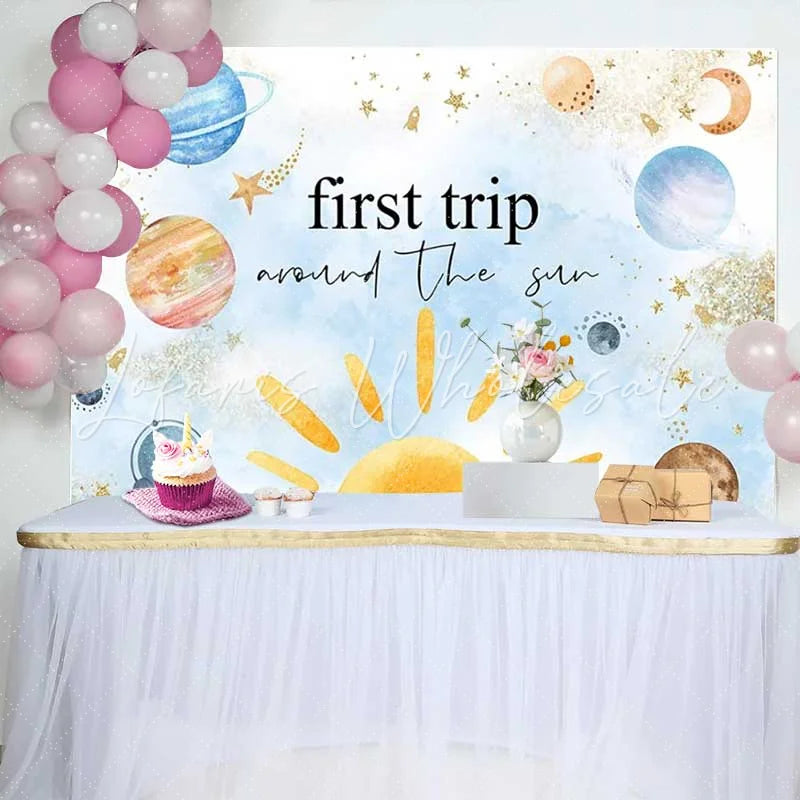 Lofaris First Trip Around The Sun Birthday Backdrop Boho Watercolor Outer Space Planet Photography Background
