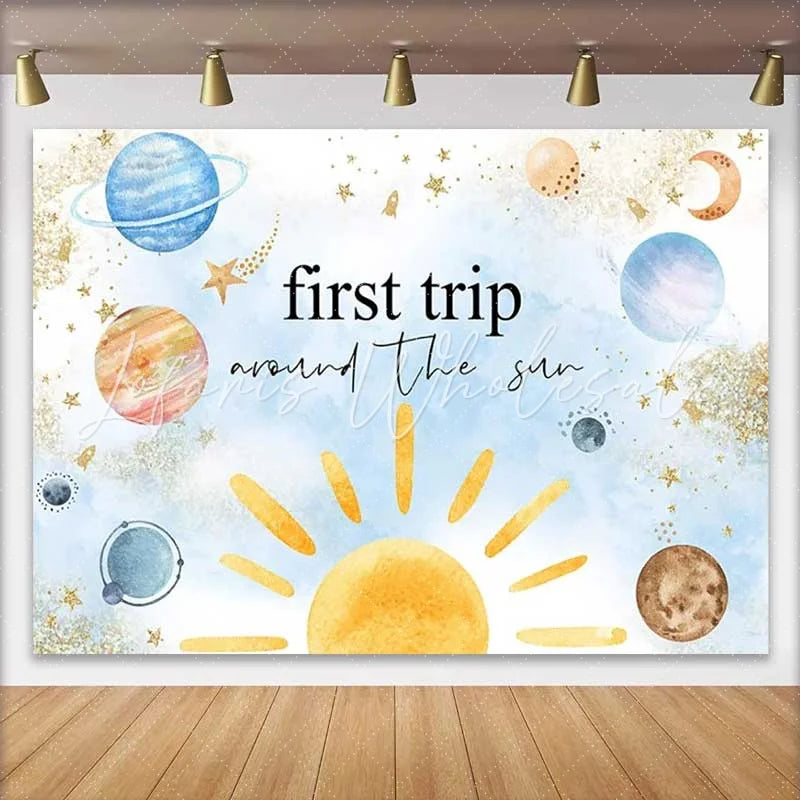 Lofaris First Trip Around The Sun Birthday Backdrop Boho Watercolor Outer Space Planet Photography Background