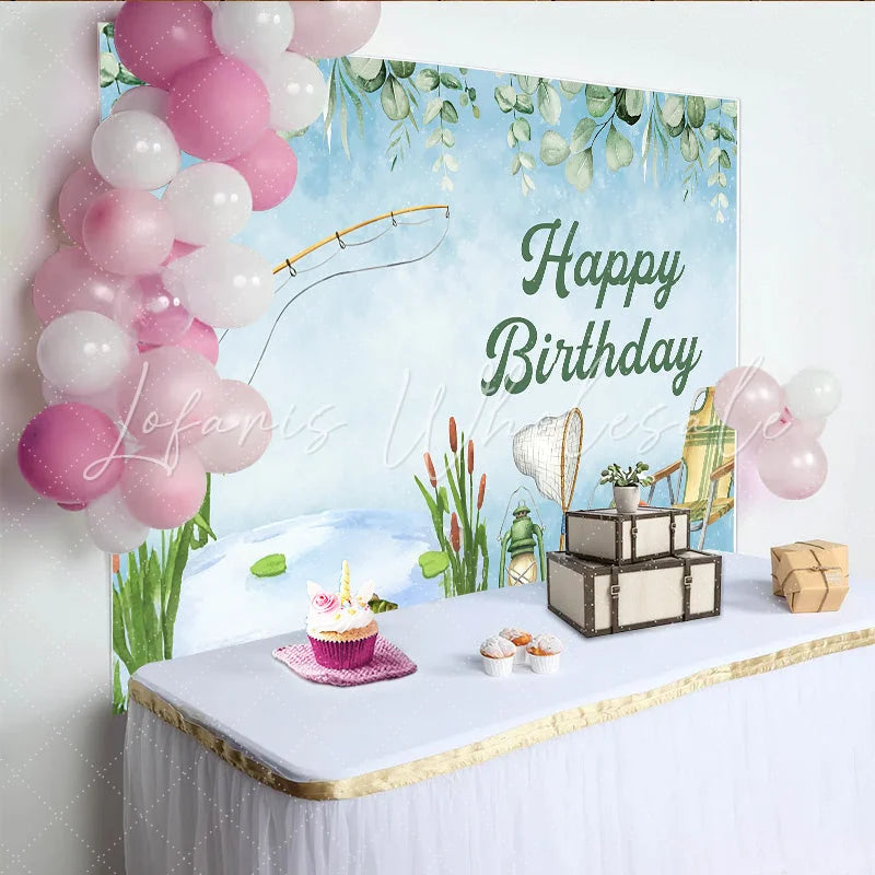 Lofaris Fishing Theme Birthday Backdrop Watercolor Camping and Pond Life Party Background for Outdoorsman