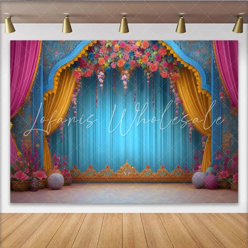 Lofaris Floral Arch Stage Backdrop Ornate Blue Theater Frame Wedding and Event Photography Banner