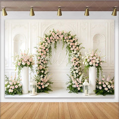 Lofaris Floral Arch Wedding Backdrop with Pink Roses and Greenery Classic White Wall Background for Bridal Shower Engagement Party