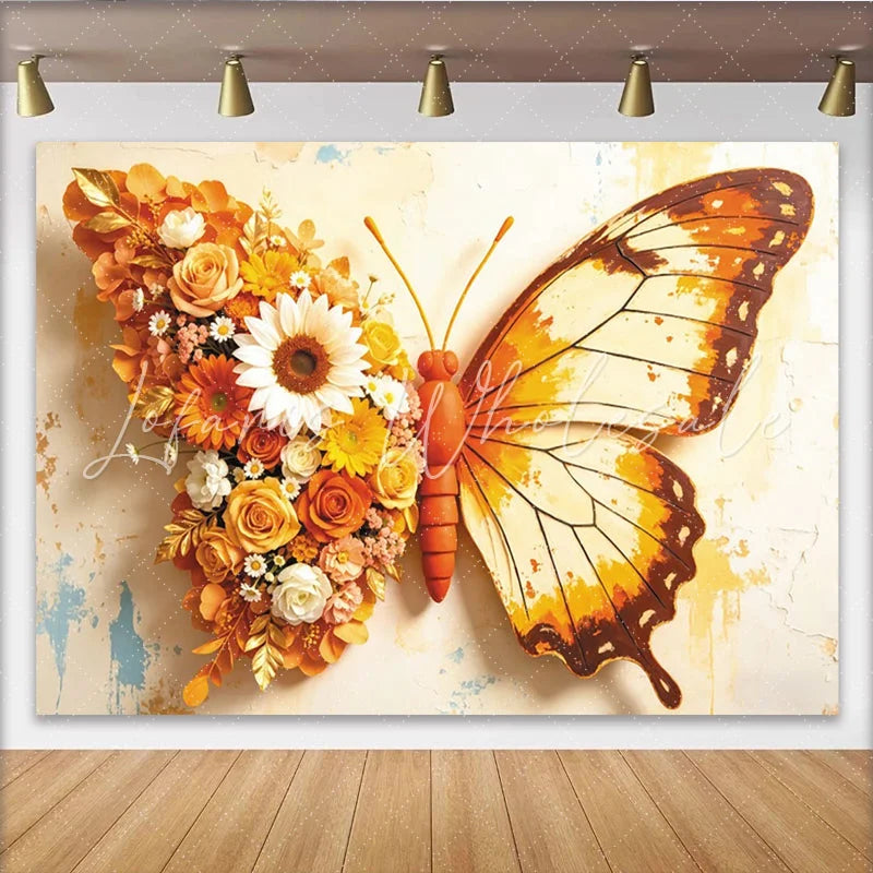 Lofaris Floral Butterfly Photography Backdrop with Orange and Yellow Flowers Artistic Textured Wall Background for Studio Photoshoot