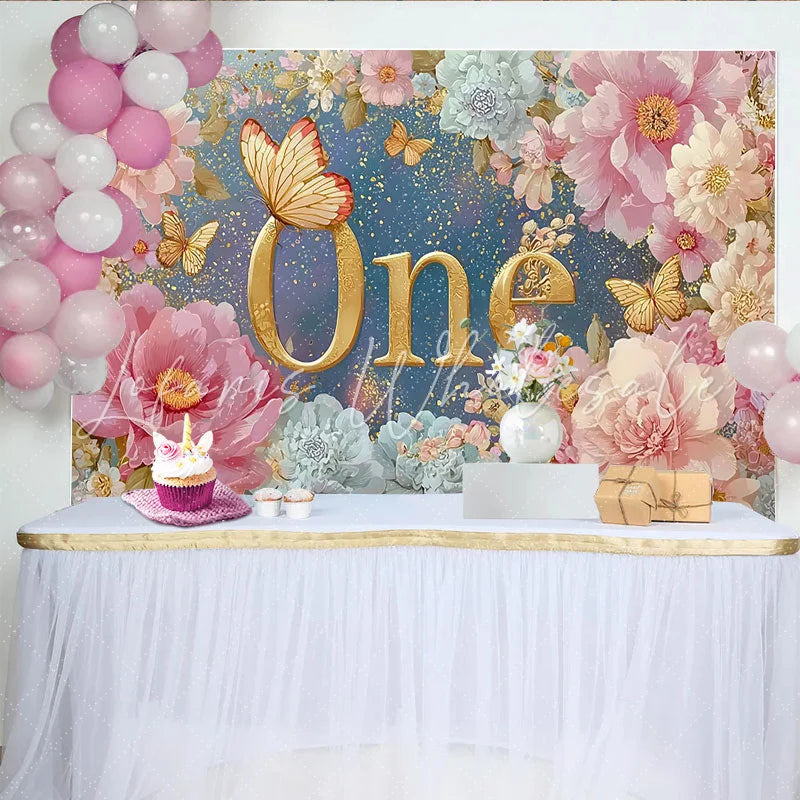 Lofaris Floral First Birthday Photography Backdrop Golden ONE and Pink Peony Photo Background