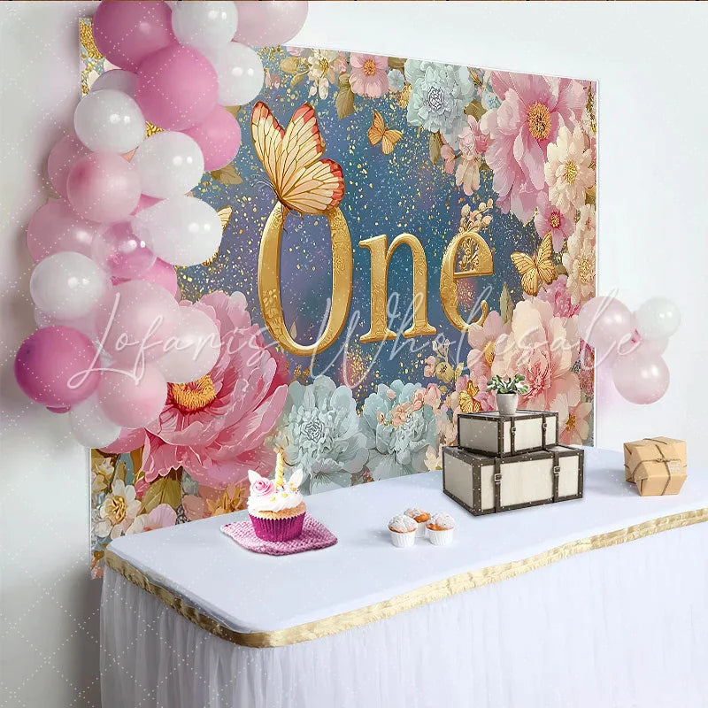 Lofaris Floral First Birthday Photography Backdrop Golden ONE and Pink Peony Photo Background