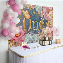 Lofaris Floral First Birthday Photography Backdrop Golden ONE and Pink Peony Photo Background