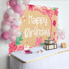 Lofaris Floral Pink Happy Birthday Backdrop with Ribbons and Green Leaves Cute Kraft Paper Texture Background for Girls Party Decoration