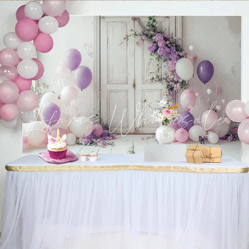 Lofaris Floral Portrait Backdrop with Purple Balloons and Butterflies Elegant White Door Decor for Professional Studio Photoshoot