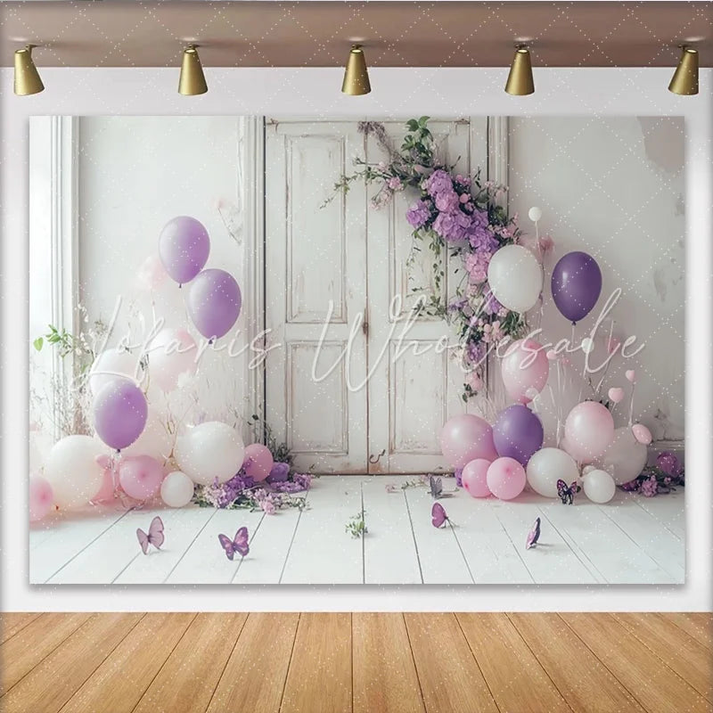 Lofaris Floral Portrait Backdrop with Purple Balloons and Butterflies Elegant White Door Decor for Professional Studio Photoshoot