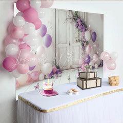 Lofaris Floral Portrait Backdrop with Purple Balloons and Butterflies Elegant White Door Decor for Professional Studio Photoshoot