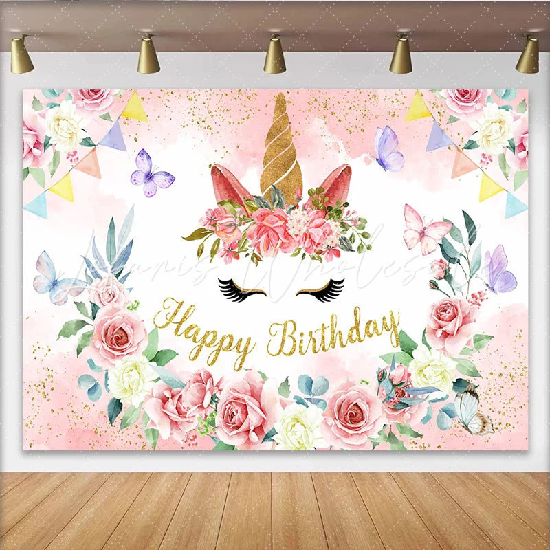 Lofaris Floral Unicorn Face Backdrop Golden Horn and Pink Rose Photography Background for Girls Birthday Party