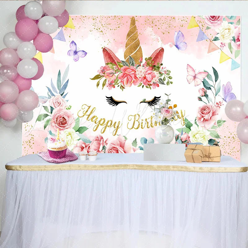 Lofaris Floral Unicorn Face Backdrop Golden Horn and Pink Rose Photography Background for Girls Birthday Party