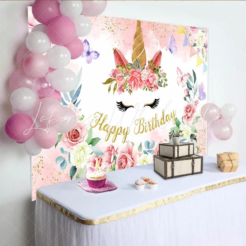Lofaris Floral Unicorn Face Backdrop Golden Horn and Pink Rose Photography Background for Girls Birthday Party