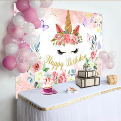 Lofaris Floral Unicorn Face Backdrop Golden Horn and Pink Rose Photography Background for Girls Birthday Party