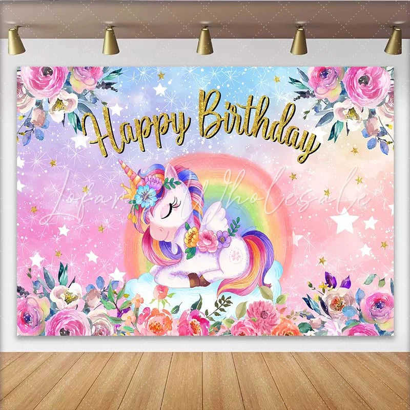 Lofaris Floral Unicorn Rose Backdrop Sleeping Winged Unicorn and Pink Garden Birthday Banner