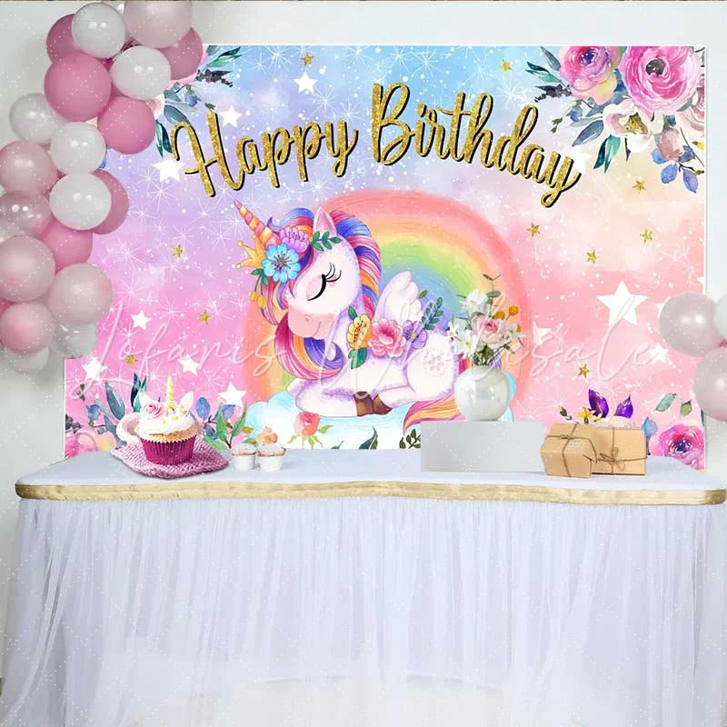 Lofaris Floral Unicorn Rose Backdrop Sleeping Winged Unicorn and Pink Garden Birthday Banner
