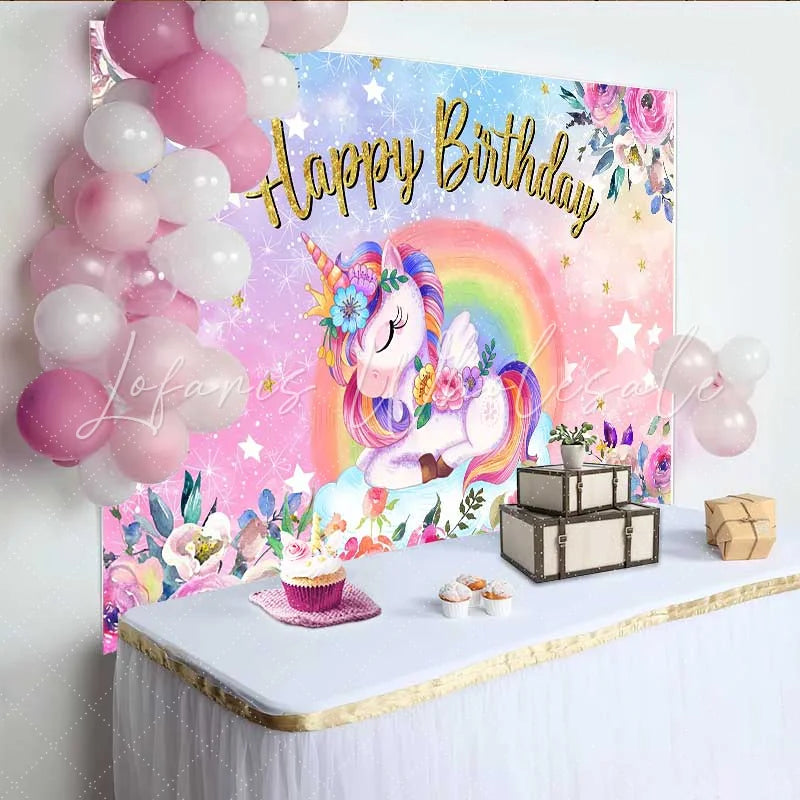 Lofaris Floral Unicorn Rose Backdrop Sleeping Winged Unicorn and Pink Garden Birthday Banner
