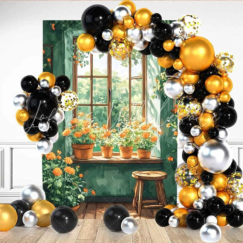Lofaris Fresh Green Room Backdrop Windowsill Orange Flowers and Sunlight Garden for Spring Decor