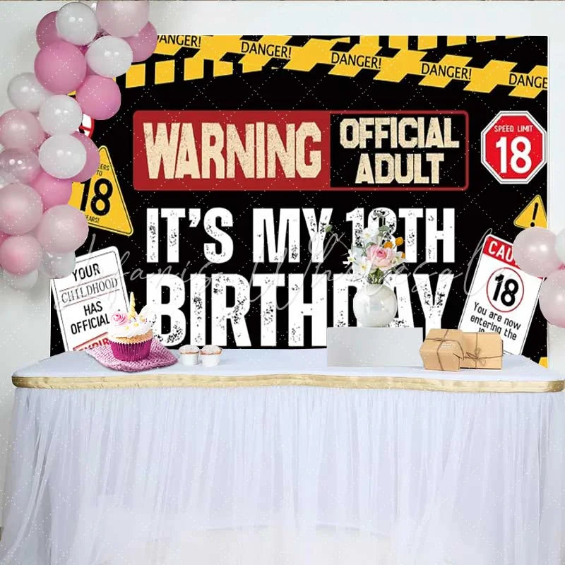 Lofaris Funny 18th Birthday Backdrop Caution Tape Warning Sign Construction Photography Background 18 Years Old Party Decoration