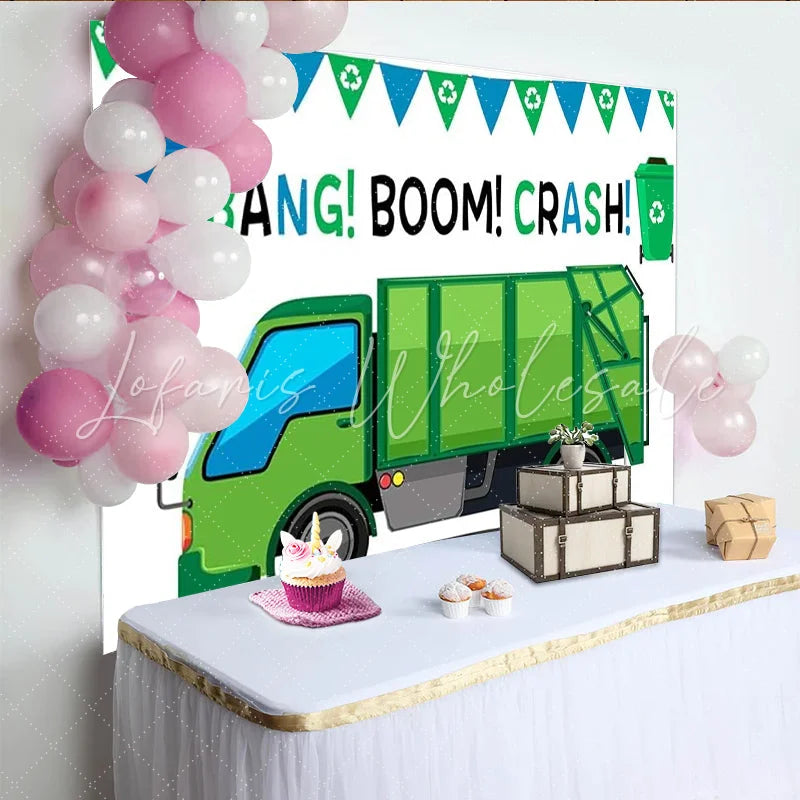 Lofaris Garbage Truck Birthday Party Backdrop Green Recycling Car Trash Bash Photography Background Boy Happy Birthday Banner Prop