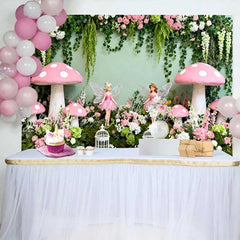 Lofaris Giant Pink Mushroom and Fairy Spring Backdrop Enchanted Forest Floral Girls Birthday Background