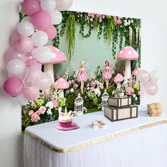 Lofaris Giant Pink Mushroom and Fairy Spring Backdrop Enchanted Forest Floral Girls Birthday Background