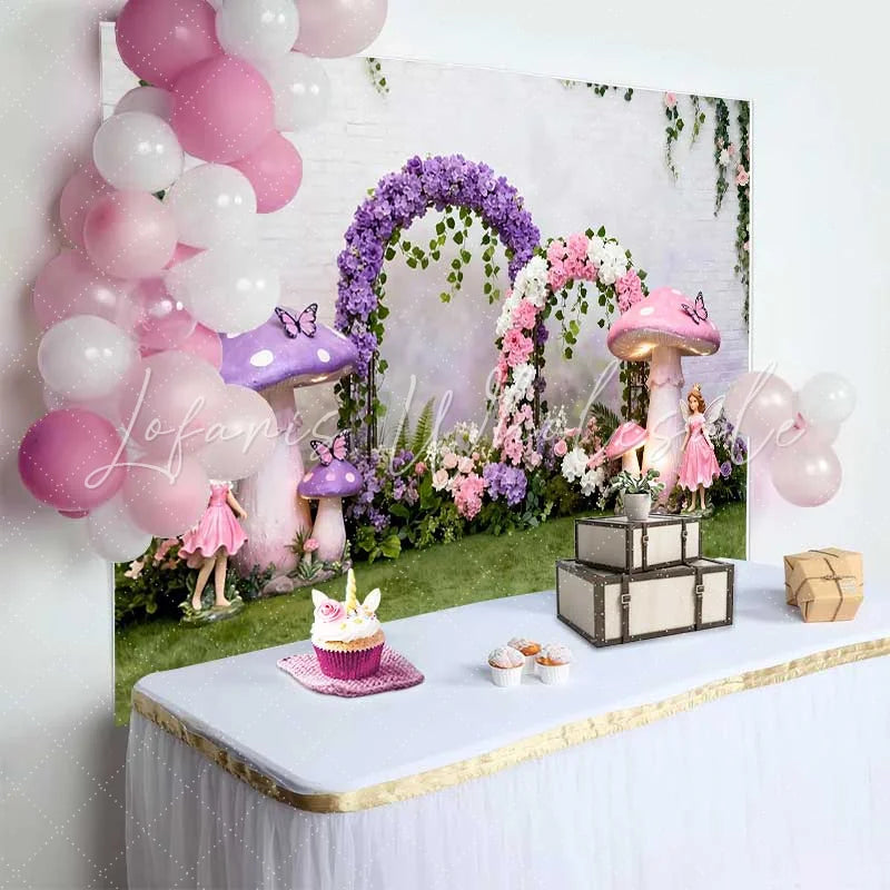 Lofaris Giant Purple Mushroom and Fairy Spring Backdrop Floral Arch Enchanted Forest Birthday Party Background