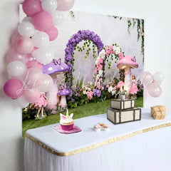 Lofaris Giant Purple Mushroom and Fairy Spring Backdrop Floral Arch Enchanted Forest Birthday Party Background