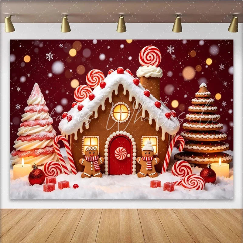 Lofaris Gingerbread House Christmas Backdrop with Candy Canes and Snowflakes Festive Holiday Background for Winter Party Decor