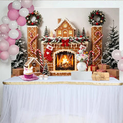 Lofaris Gingerbread House Christmas Backdrop with Fireplace and Stockings Festive Winter Holiday Background for Family Photoshoot