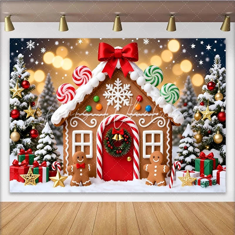Lofaris Gingerbread House Christmas Backdrop with Snow and Festive Trees Sweet Winter Holiday Background for Party Decoration and Photoshoot