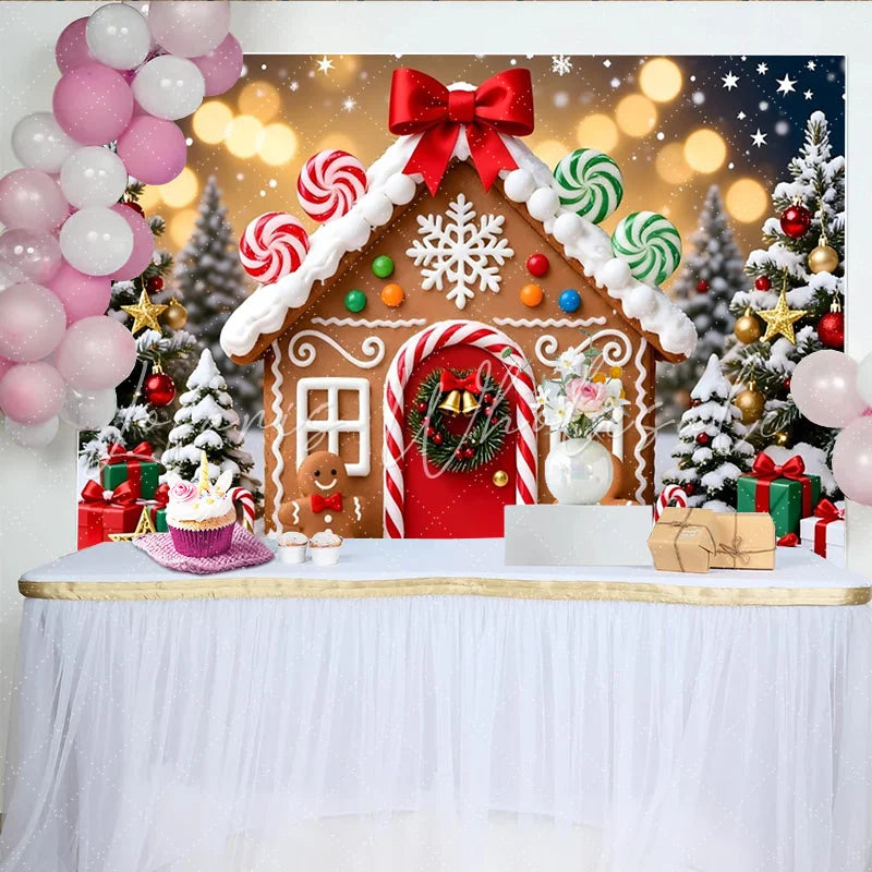 Lofaris Gingerbread House Christmas Backdrop with Snow and Festive Trees Sweet Winter Holiday Background for Party Decoration and Photoshoot