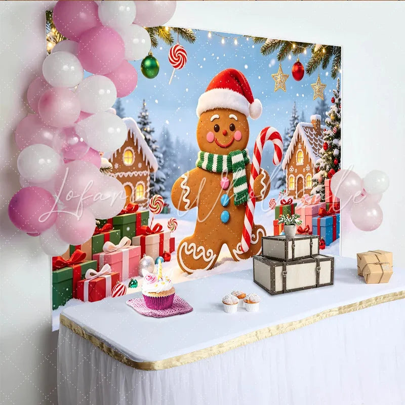 Lofaris Gingerbread Man Christmas Backdrop with Santa Hat and Candy Cane Festive Winter Wonderland Background for Holiday Party Decor