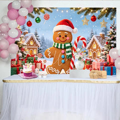Lofaris Gingerbread Man Christmas Backdrop with Santa Hat and Candy Cane Festive Winter Wonderland Background for Holiday Party Decor