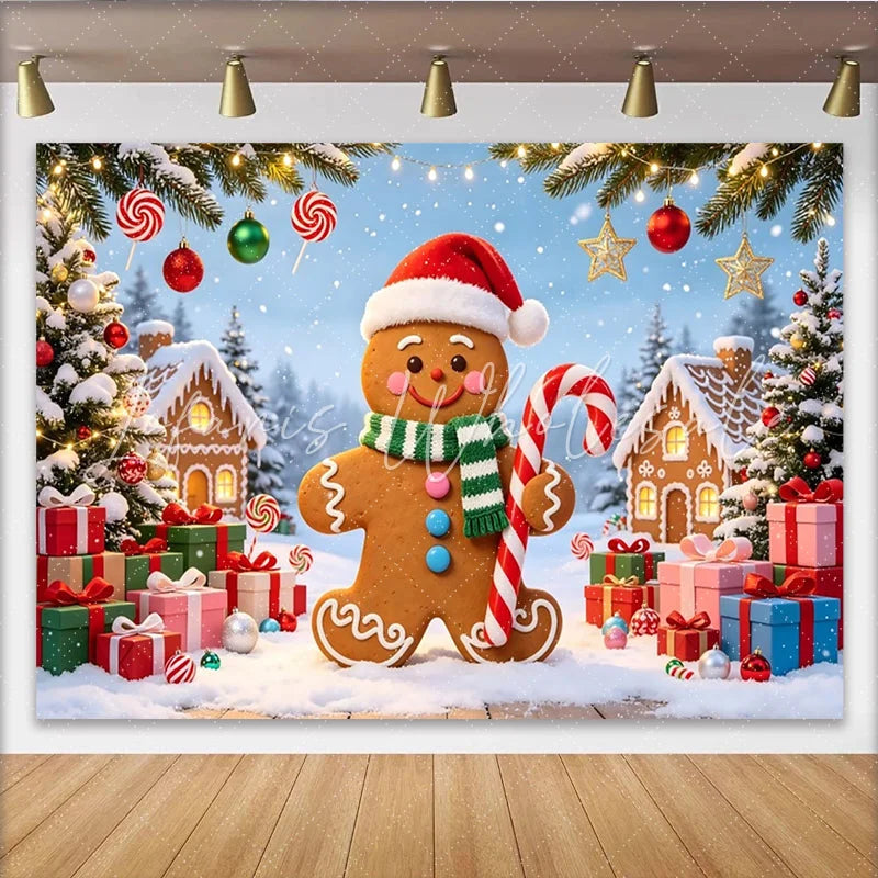 Lofaris Gingerbread Man Christmas Backdrop with Santa Hat and Candy Cane Festive Winter Wonderland Background for Holiday Party Decor