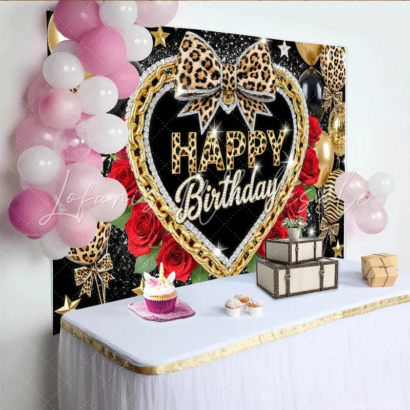 Lofaris Glamorous Leopard Print Birthday Backdrop with Gold Chain Elegant Party Decor and Photo Booth Background
