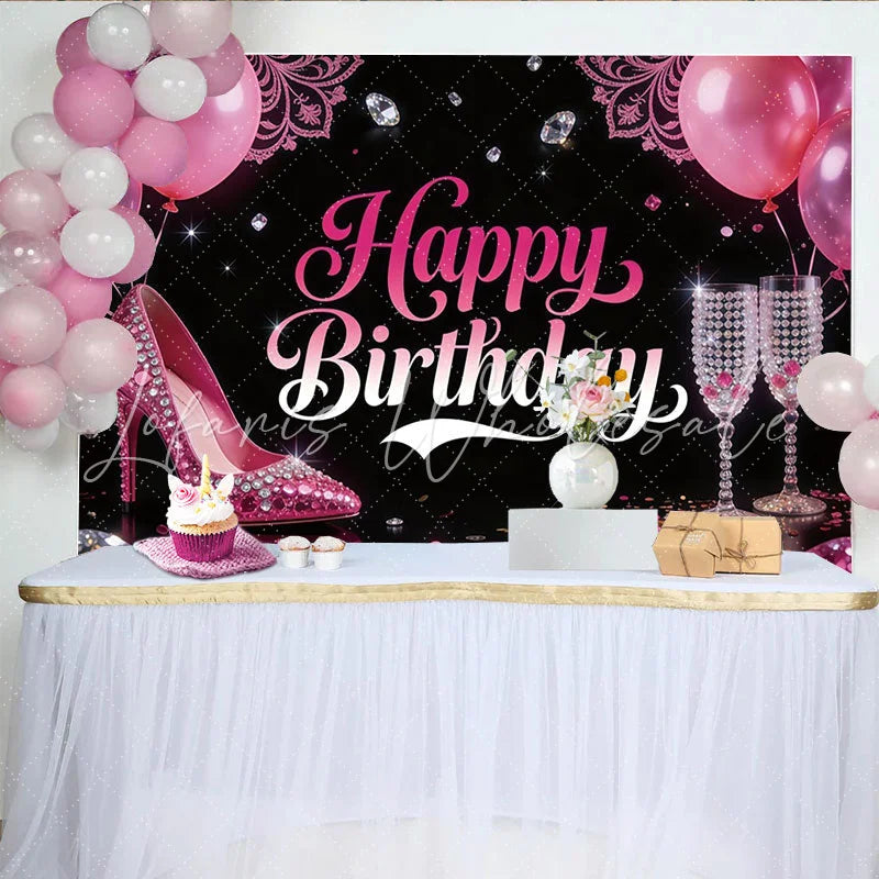 Lofaris Glamorous Pink Birthday Backdrop with High Heels and Diamonds Elegant Party Background for Women Celebration