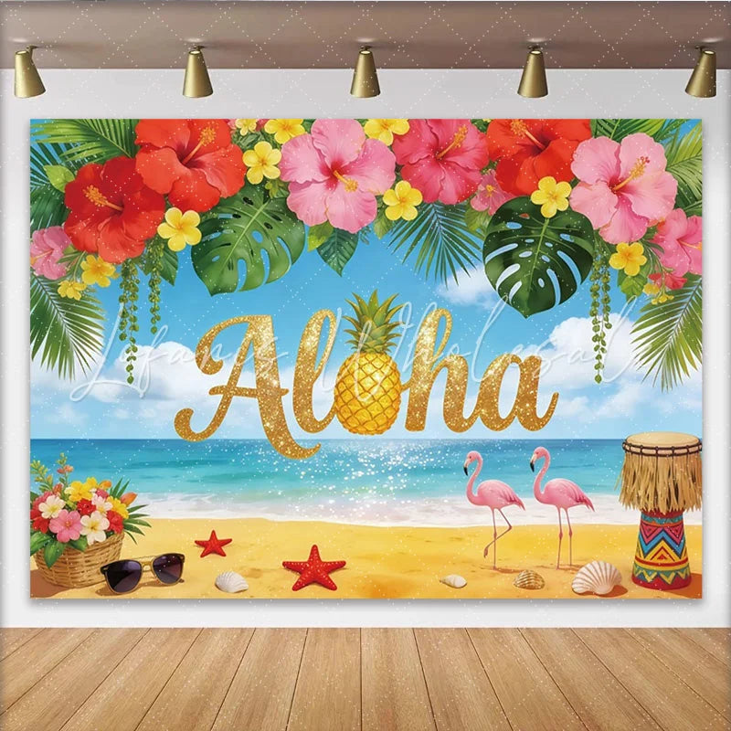 Lofaris Glitter Aloha Tropical Photography Backdrop Pineapple and Flowers Vibrant Beach Scene Background for Summer Party Decor