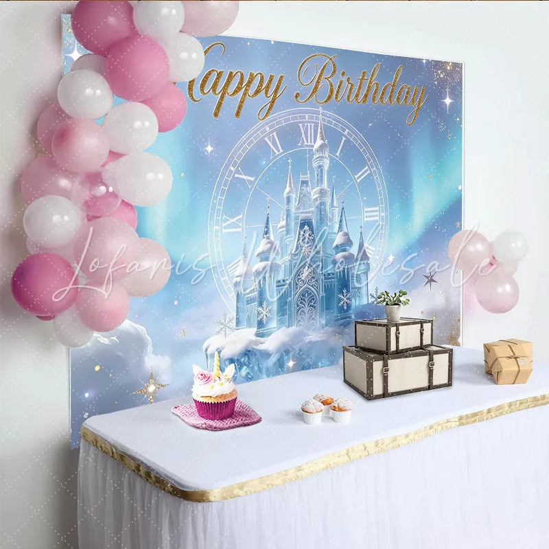 Lofaris Glitter Blue Ice Castle Birthday Backdrop with Clock and Snowflakes Enchanting Winter Wonderland Background for Party Decor