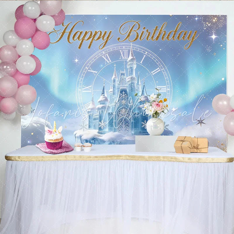 Lofaris Glitter Blue Ice Castle Birthday Backdrop with Clock and Snowflakes Enchanting Winter Wonderland Background for Party Decor