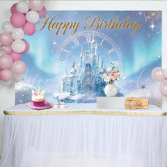 Lofaris Glitter Blue Ice Castle Birthday Backdrop with Clock and Snowflakes Enchanting Winter Wonderland Background for Party Decor