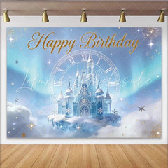Lofaris Glitter Blue Ice Castle Birthday Backdrop with Clock and Snowflakes Enchanting Winter Wonderland Background for Party Decor