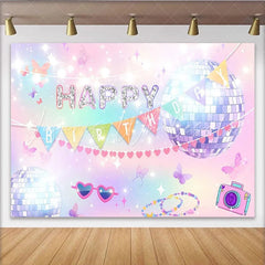 Lofaris Glitter Disco Birthday Backdrop with Pastel Gradient Colors and Sparkling Butterflies Fun Party Decor for Girls Photoshoot