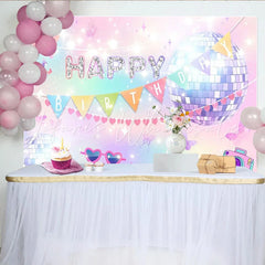 Lofaris Glitter Disco Birthday Backdrop with Pastel Gradient Colors and Sparkling Butterflies Fun Party Decor for Girls Photoshoot