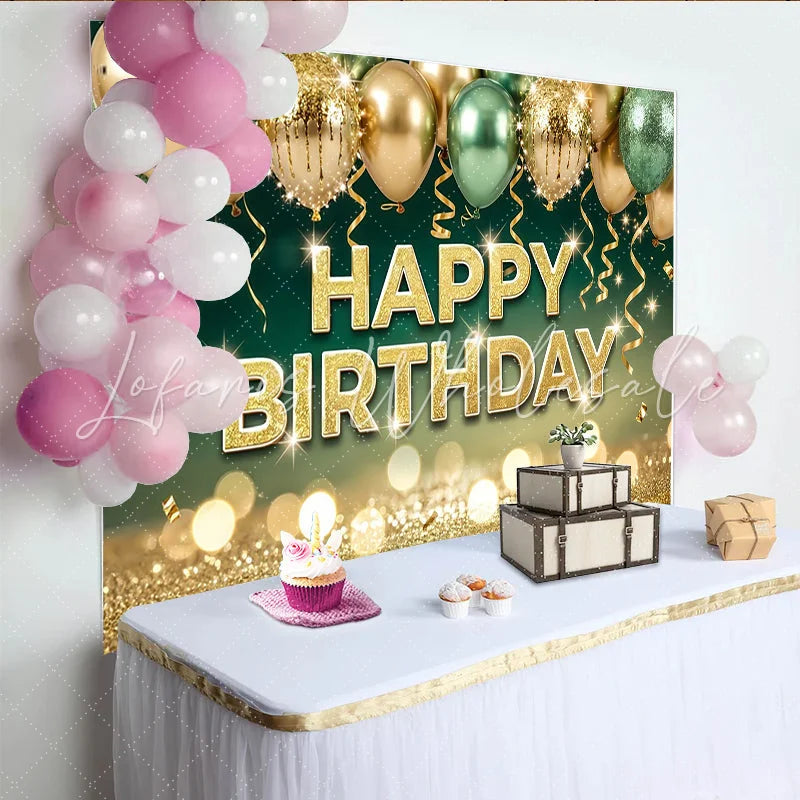 Lofaris Glitter Gold Green Happy Birthday Backdrop with Balloons and Bokeh Elegant Party Decoration for Photoshoot and Event